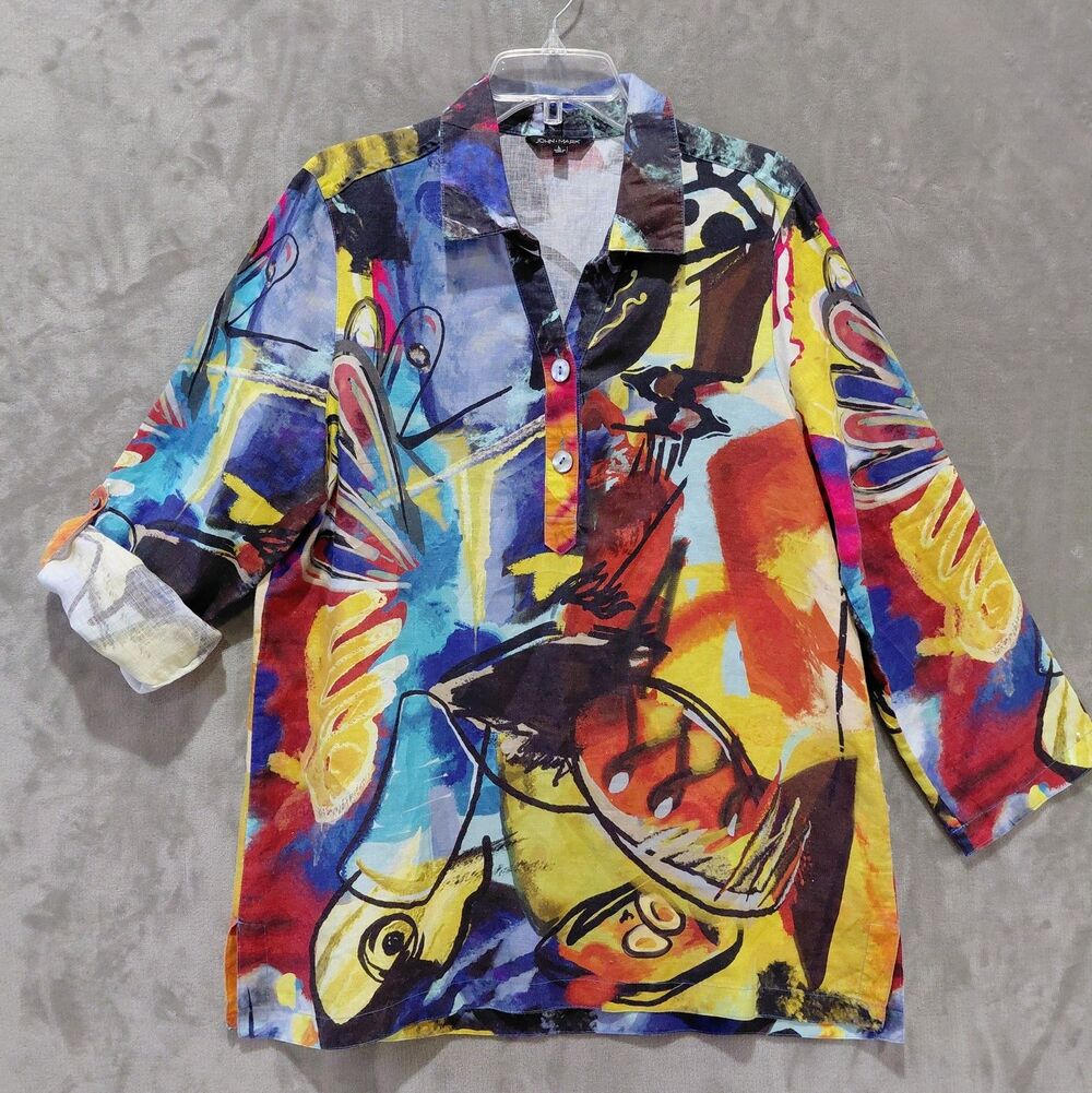 John Mark Linen Abstract Print Henley Tunic Women's Large Artsy Roll Tab Sleeves